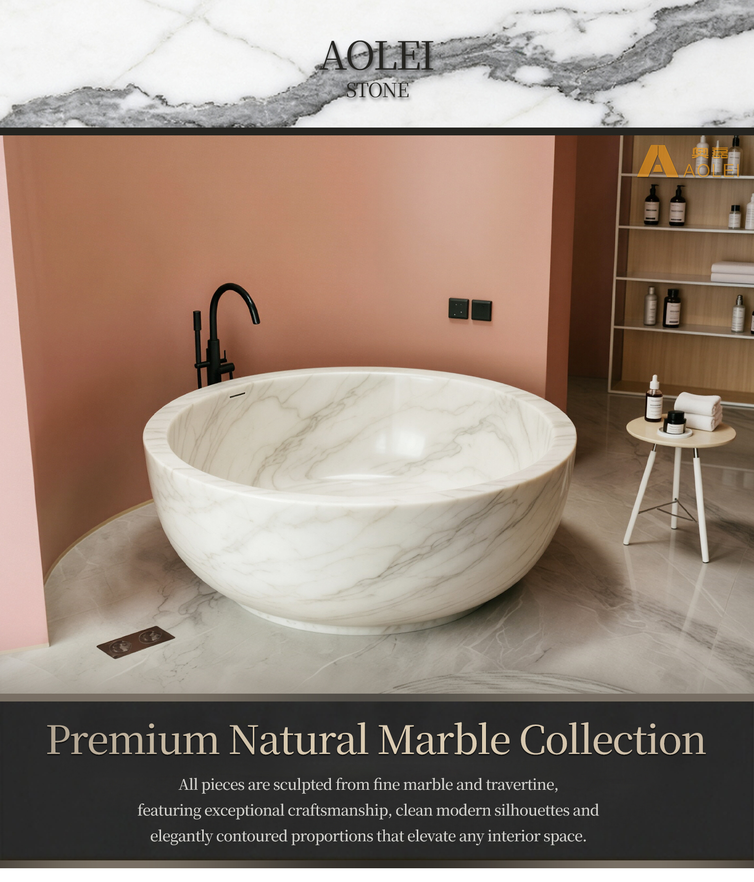 Volakas White Marble Cozy Modern Deep-Soaking Round Bathtub Close-Up, Natural Stone Texture, Premium Craftsmanship & Polished/Honed Finish, Customized marble size