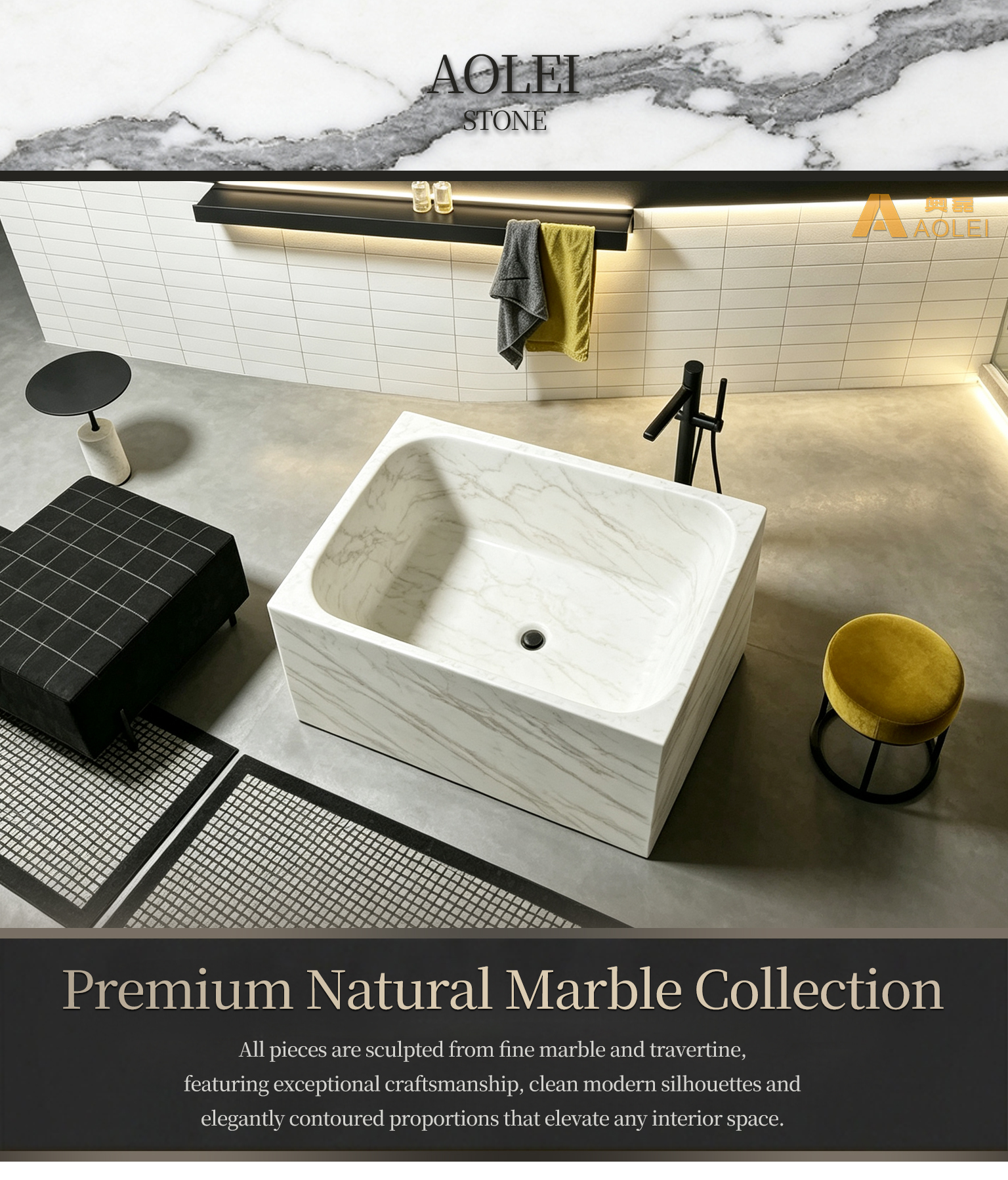 Statuario White Marble Architectural Geometric Rectangular Bathtub Close-Up, Natural Stone Texture, Premium Craftsmanship & Polished/Honed Finish, Customized marble size
