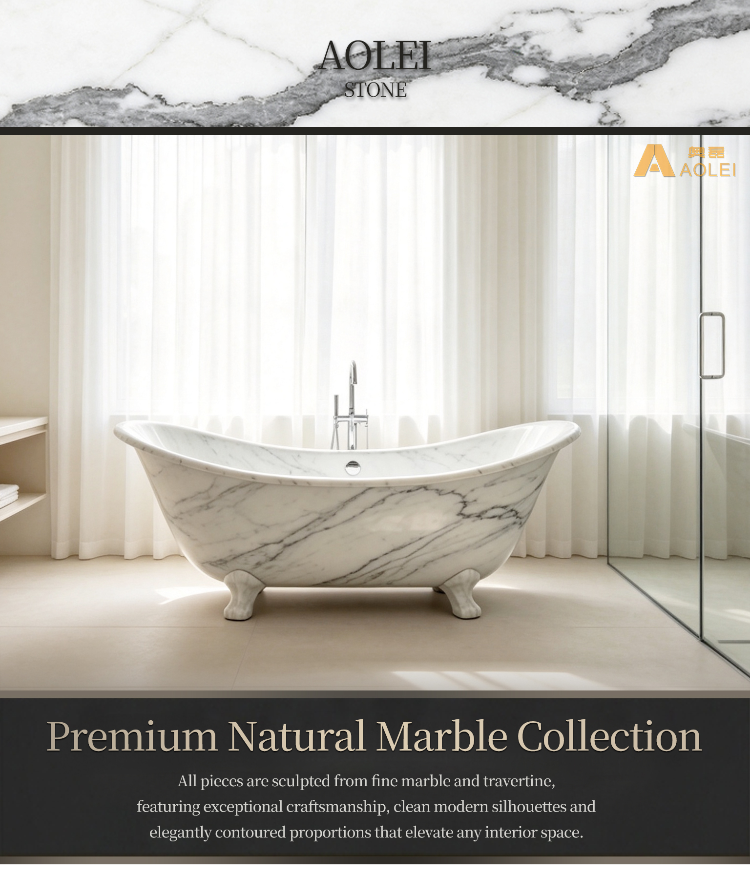 Carrara Marble Classic Retro-Style Pedestal-Base Wave-Vein Bathtub Close-Up, Natural Stone Texture, Premium Craftsmanship & Polished/Honed Finish, Customized marble size