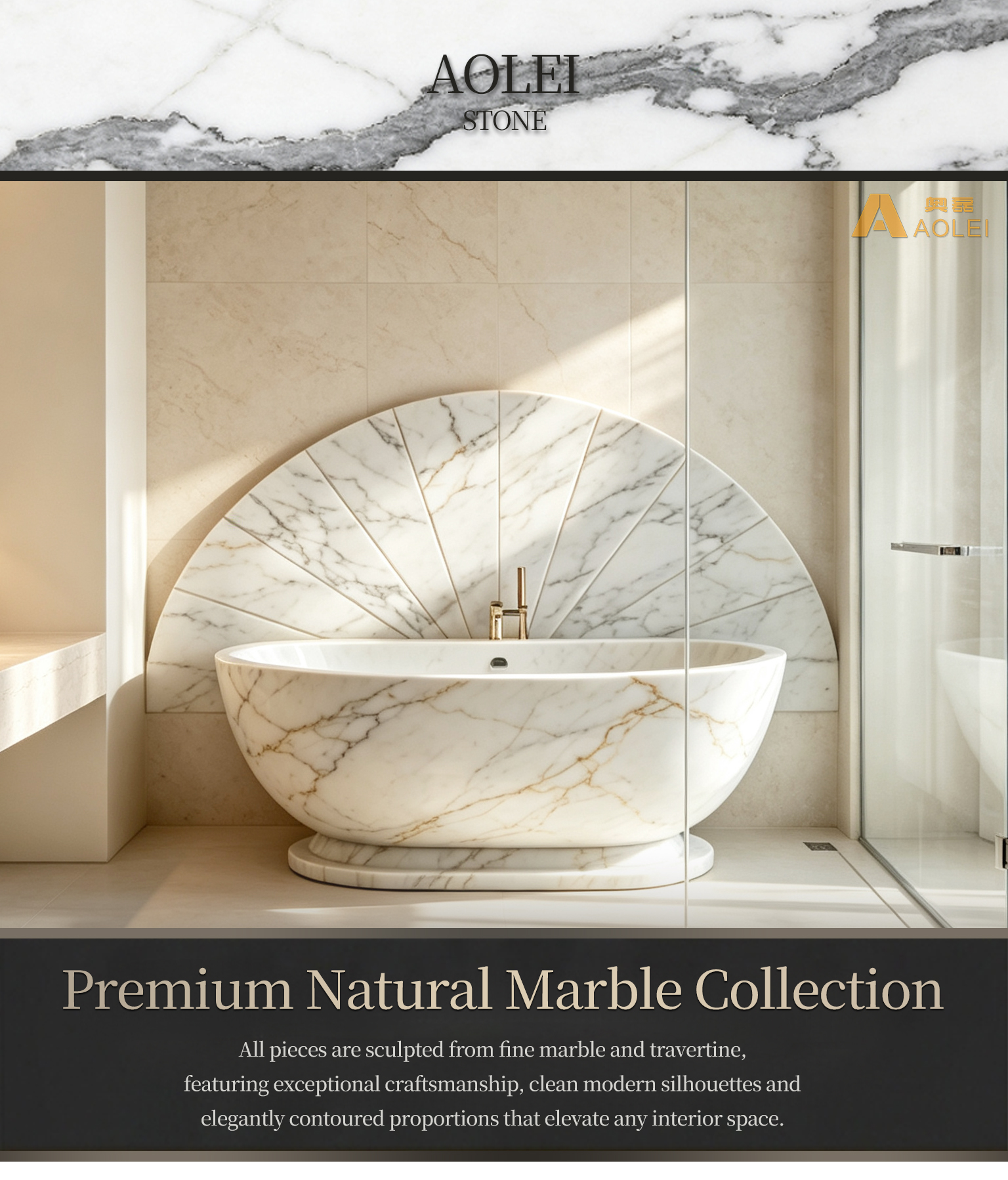 Calacatta Gold Marble Art-Deco Sculptural Backsplash-Set Bathtub Close-Up, Natural Stone Texture, Premium Craftsmanship & Polished/Honed Finish, Customized marble size