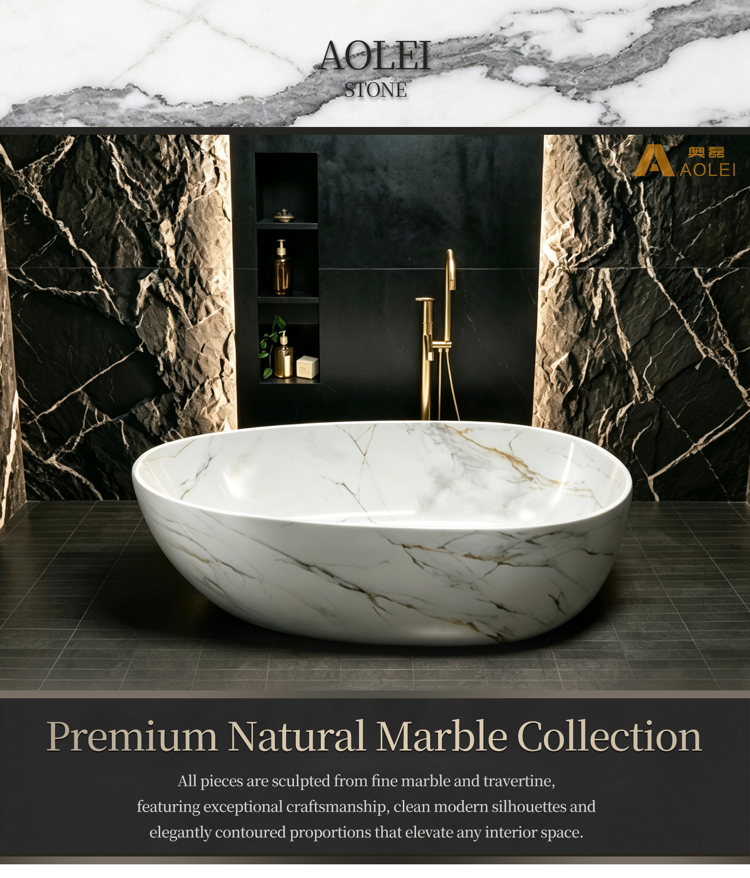 Calacatta Marble High-End Gold-Vein Luxury Bathtub Close-Up, Natural Stone Texture, Premium Craftsmanship & Polished/Honed Finish, Customized marble size