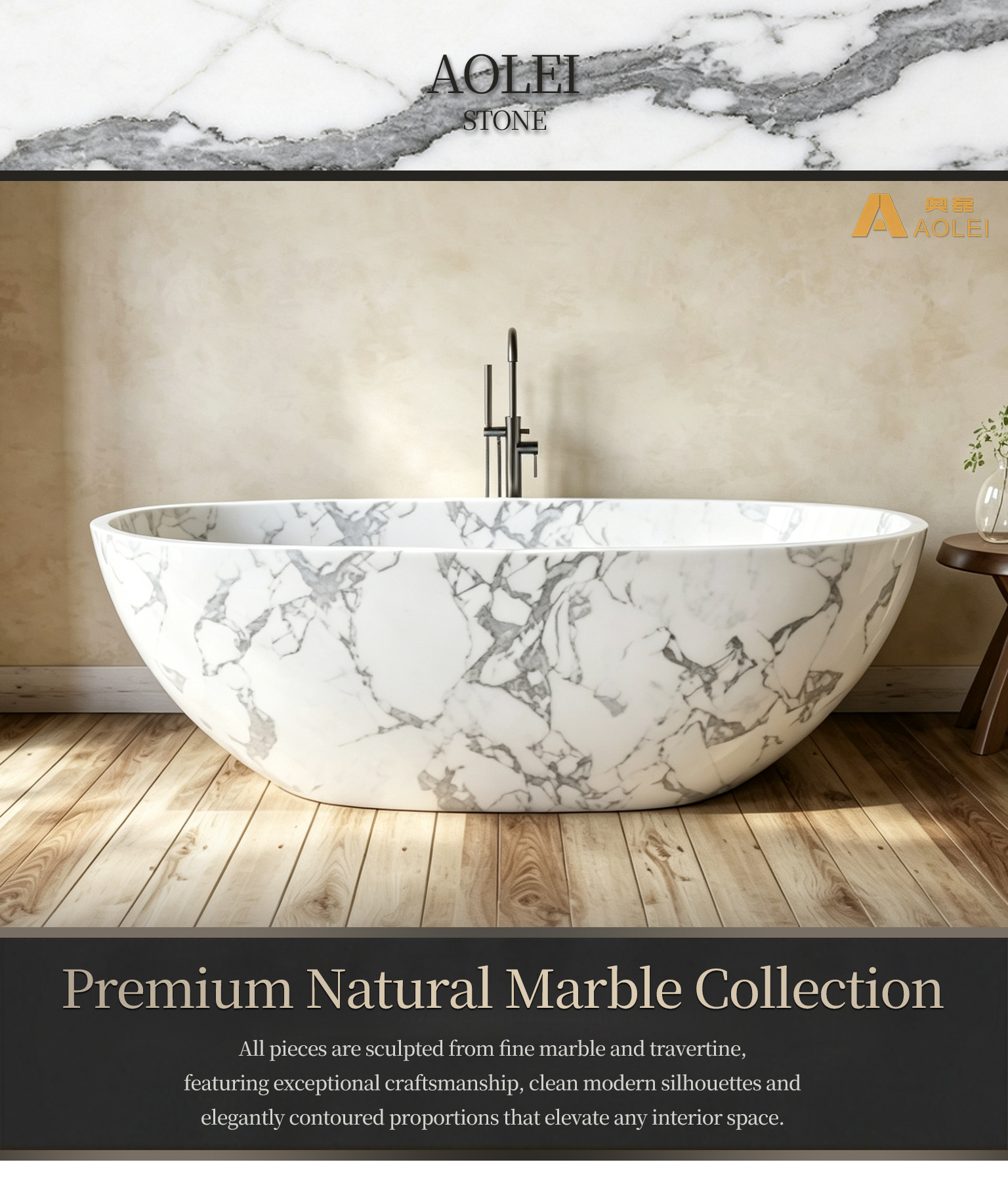 Carrara Grey Marble Natural Organic-Pattern Freestanding Bathtub Close-Up, Natural Stone Texture, Premium Craftsmanship & Polished/Honed Finish, Customized marble size