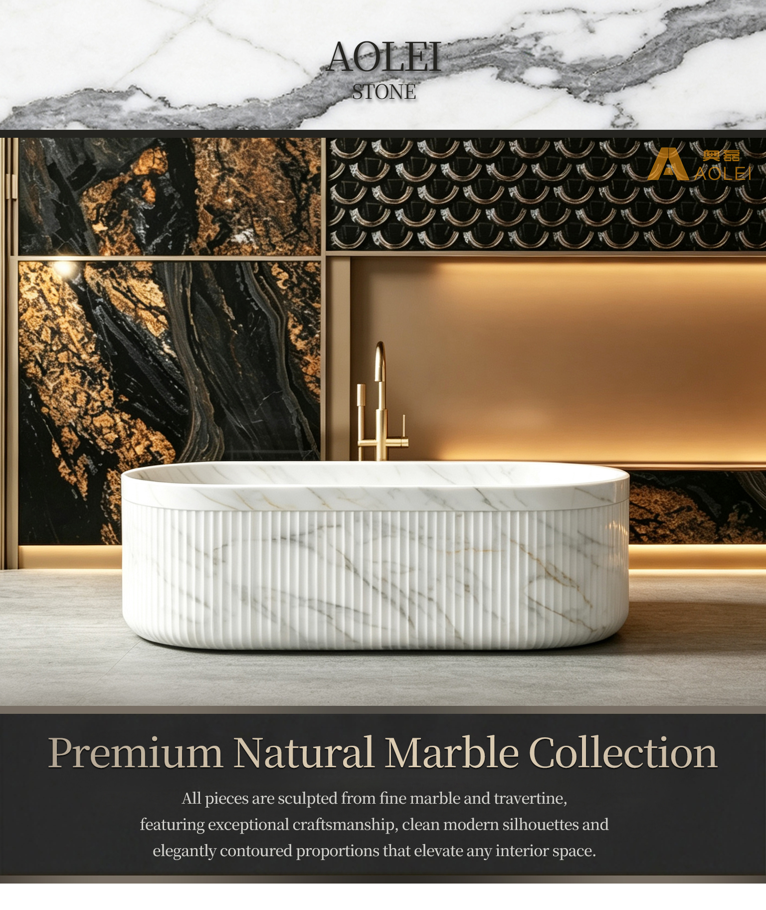 Luxury Modern Fluted-Design Bianco Carrara Marble Freestanding Bathtub Close-Up, Natural Stone Texture, Premium Craftsmanship & Polished/Honed Finish, Customized marble size