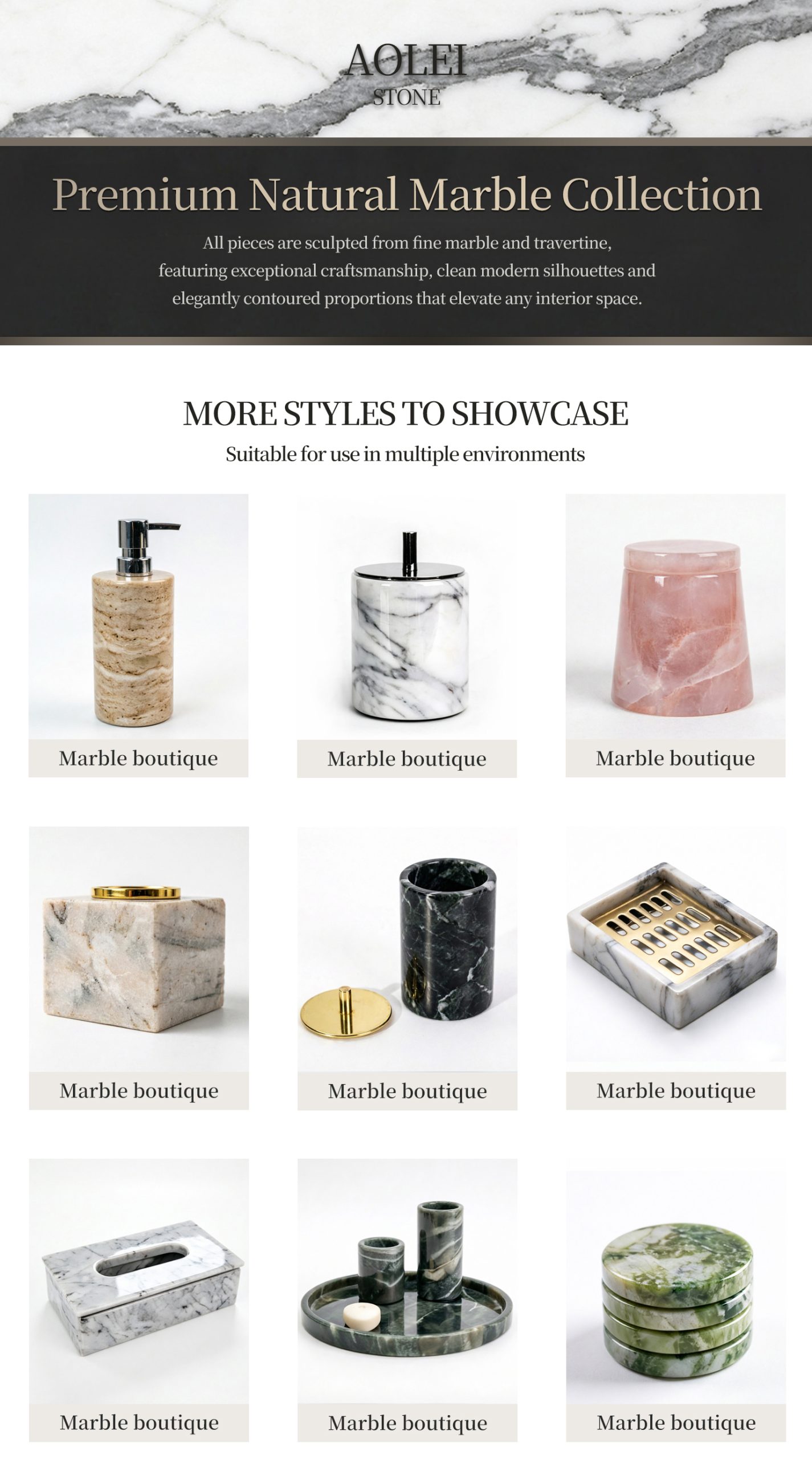 Details of the Aolei Fine Arts and Crafts Series, including various custom-made marble products that can be used for decoration in bathrooms, living rooms, and other areas.