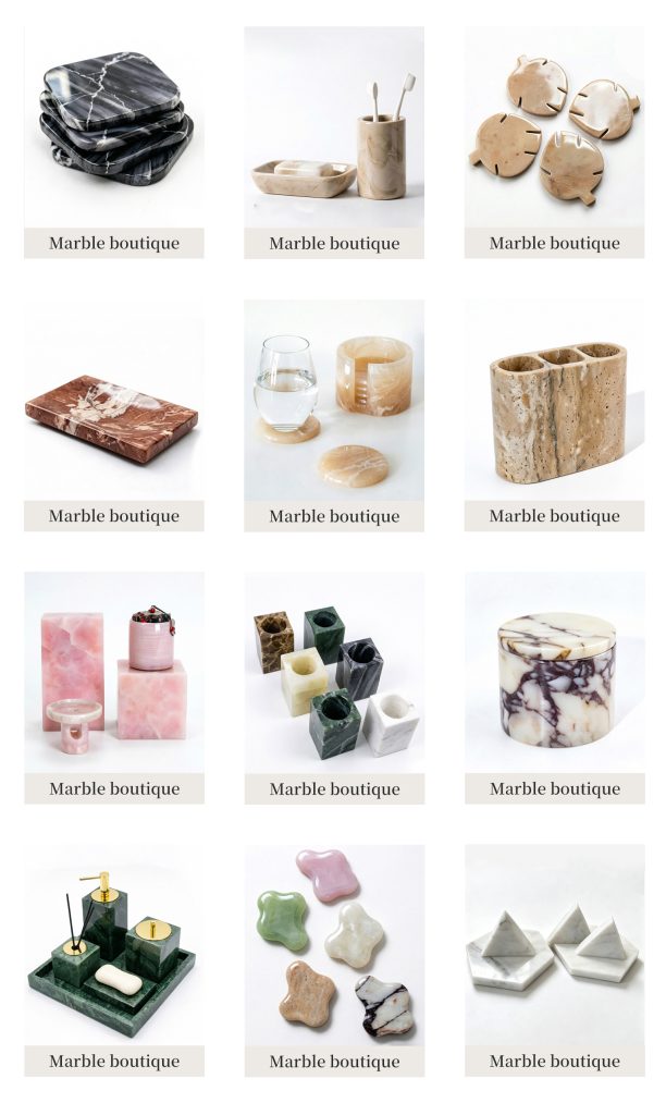 Details of the Aolei Fine Arts and Crafts Series, including various custom-made marble products that can be used for decoration in bathrooms, living rooms, and other areas.