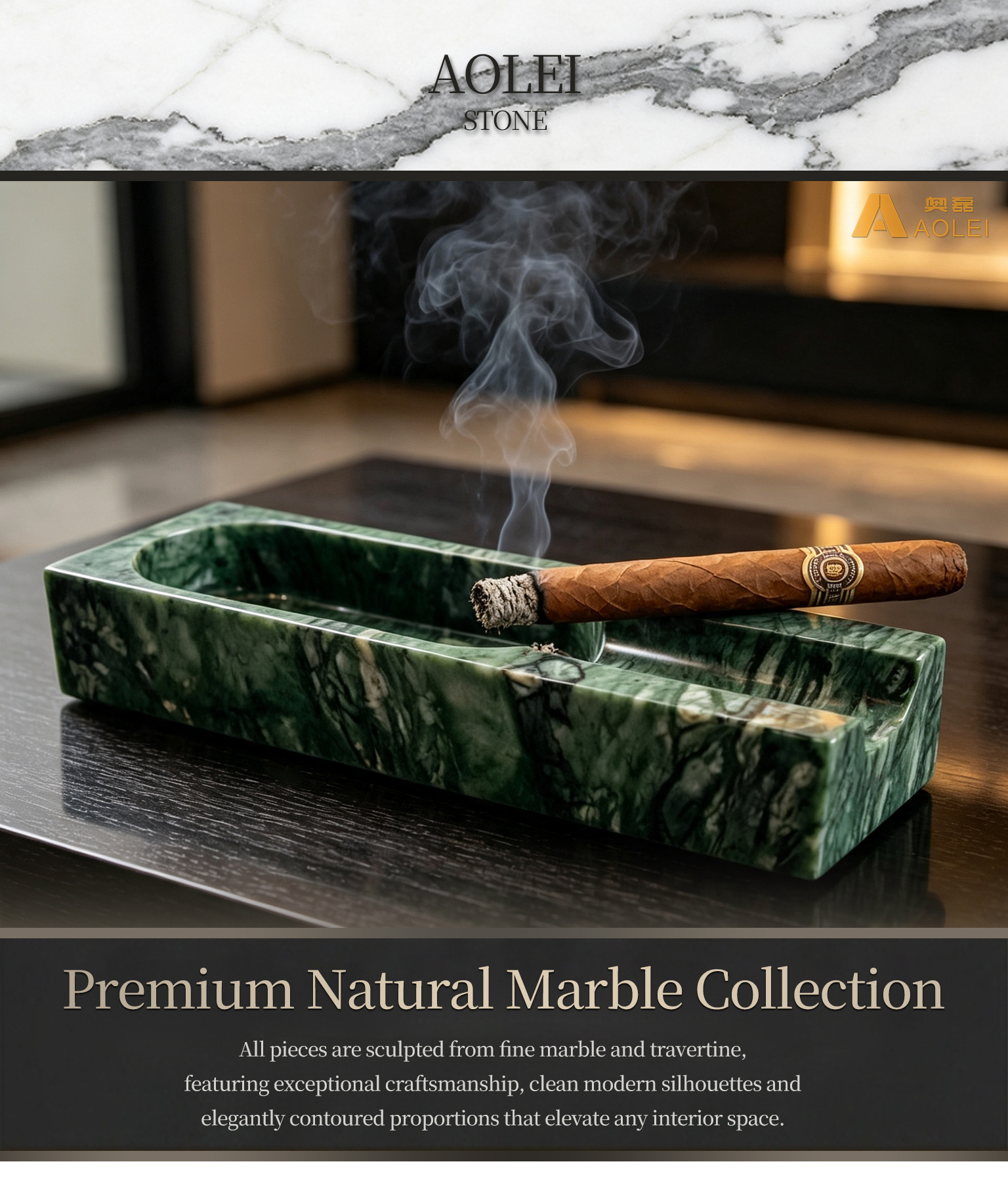 Green Marble Modern Rectangular Design Cigar Tray, Living Room & Office, Factory Direct Wholesale