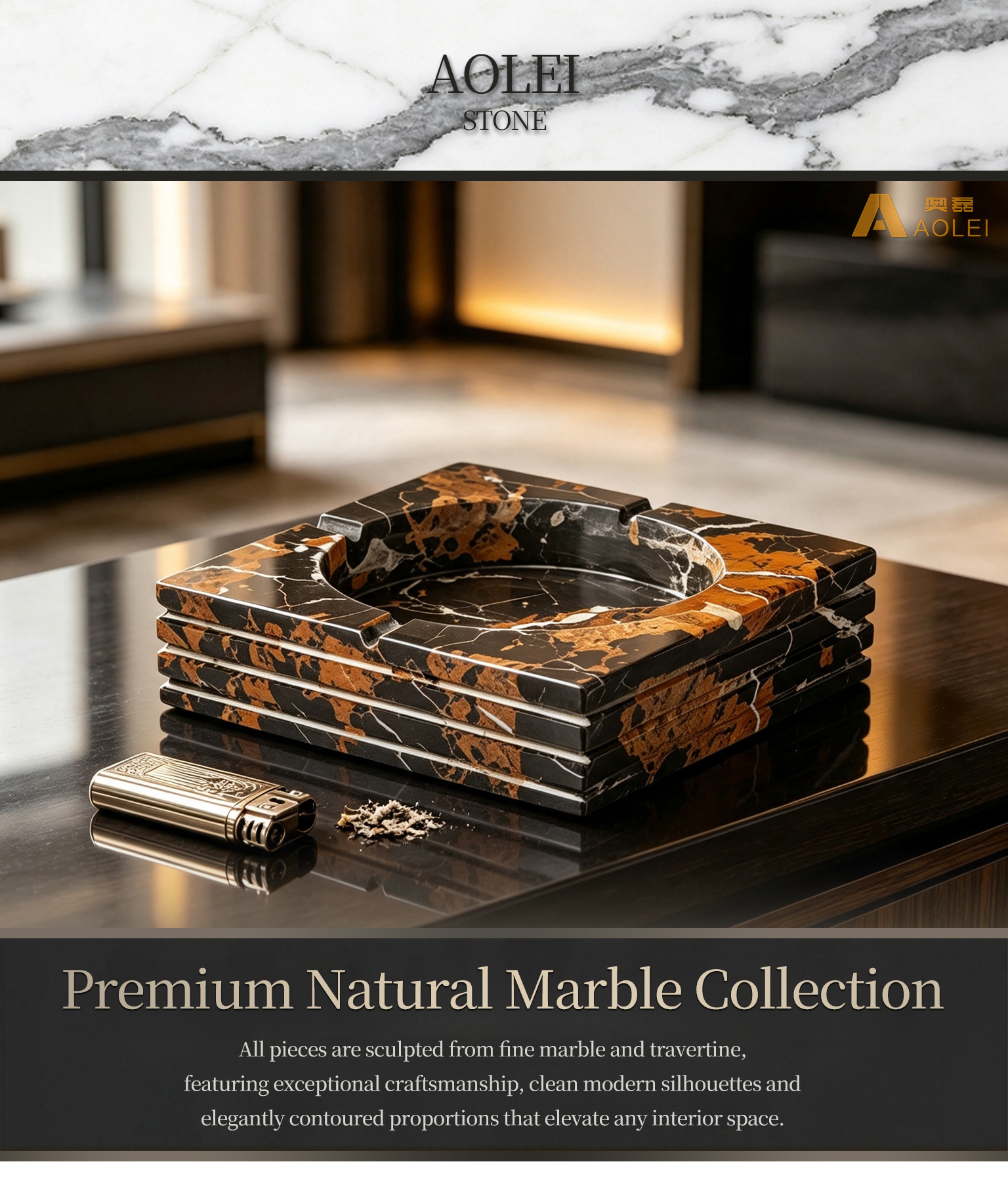 Brown Marble Luxury Rectangular Design Cigar Tray, Living Room & Executive Suite, Factory Direct Wholesale