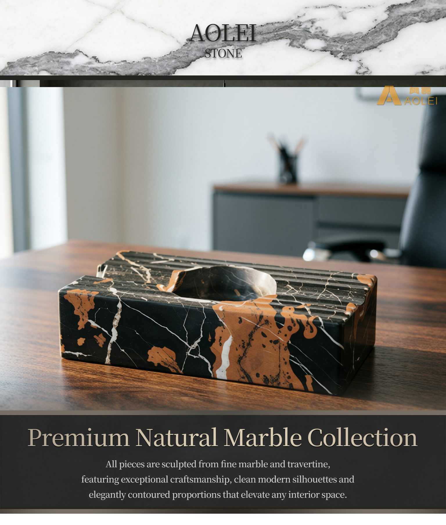 Black Marble Classic Rectangular Design Cigar Tray, Living Room & Executive Suite, Factory Direct Wholesale