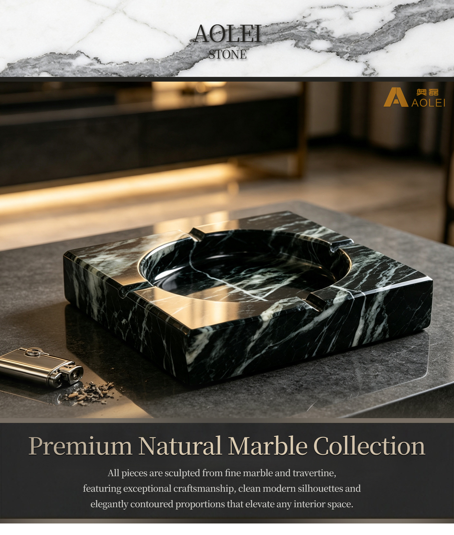 Black Marble Modern Rectangular Design Cigar Tray, Living Room & Study, Factory Direct Wholesale