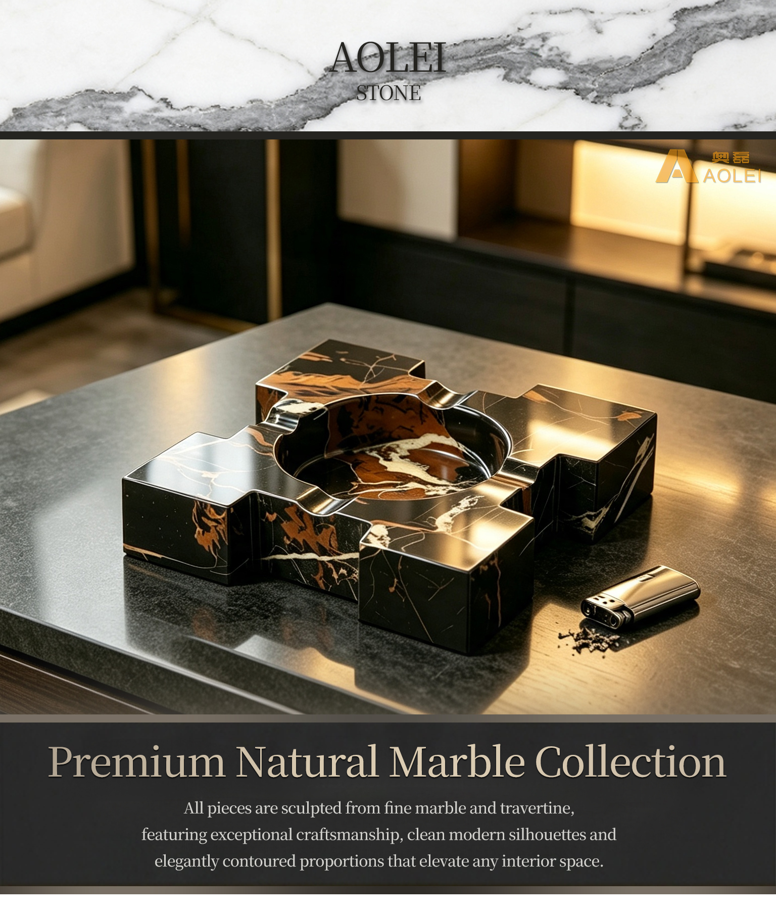 Brown Marble Luxury Rectangular Design Cigar Tray, Living Room & Lounge, Factory Direct Wholesale