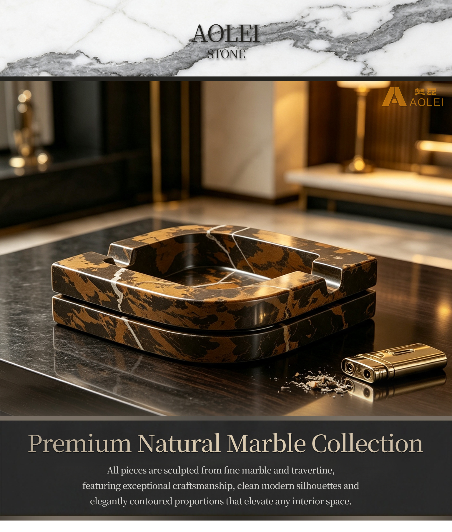 Travertine Marble Luxury Square Design Cigar Tray, Living Room & Office Desk, Factory Direct Wholesale