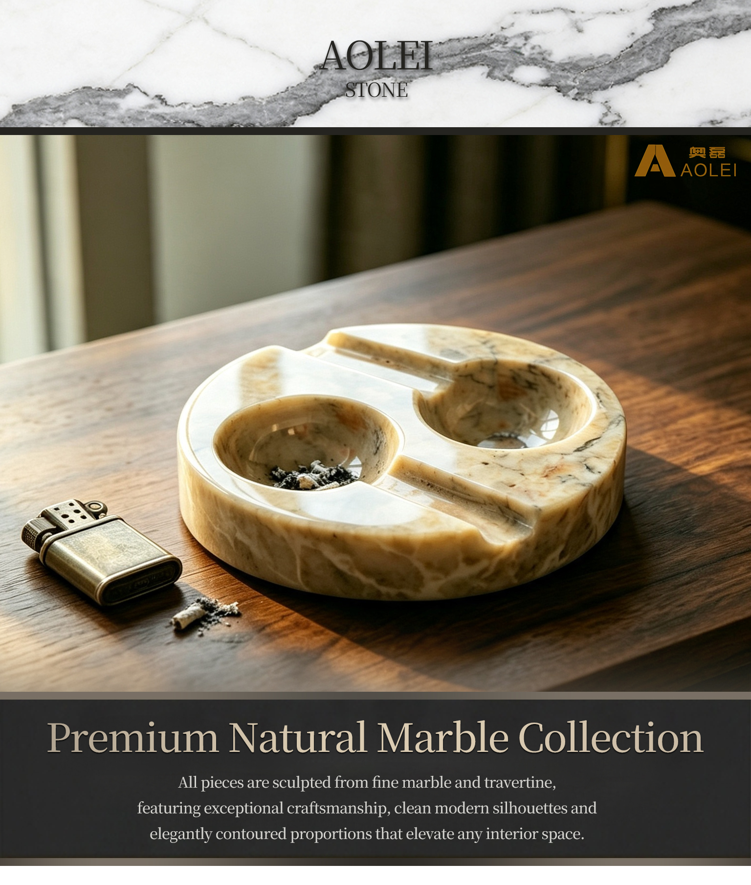 Natural Travertine Marble Luxury Round Design Cigar Tray, Living Room & Study, Factory Direct Wholesale
