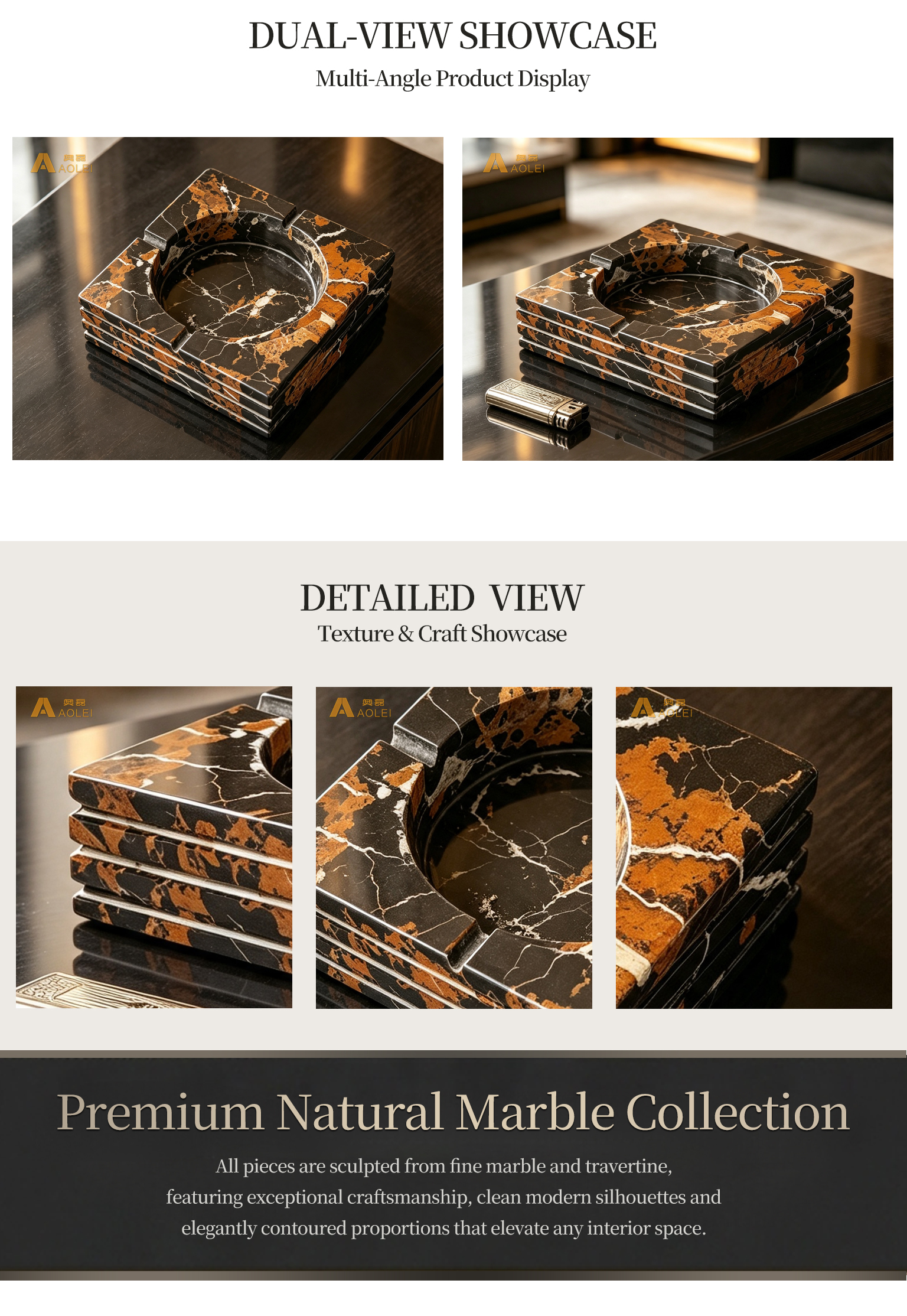 Brown Marble Luxury Rectangular Design Cigar Tray Close-Up, Natural Stone Texture, Premium Craftsmanship & Polished/Honed Finish, Customized marble size