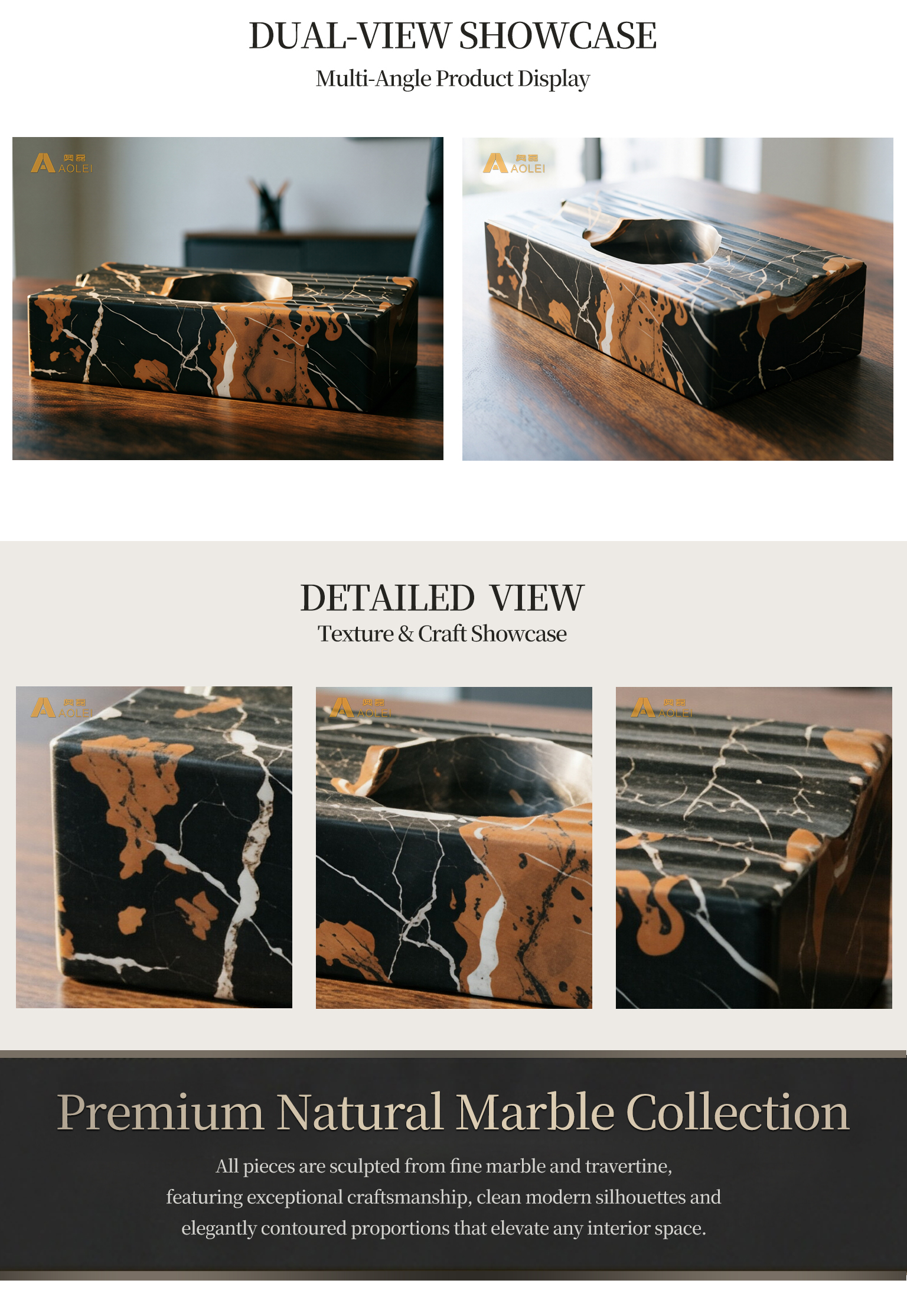 Black Marble Classic Rectangular Design Cigar Tray Close-Up, Natural Stone Texture, Premium Craftsmanship & Polished/Honed Finish, Customized marble size