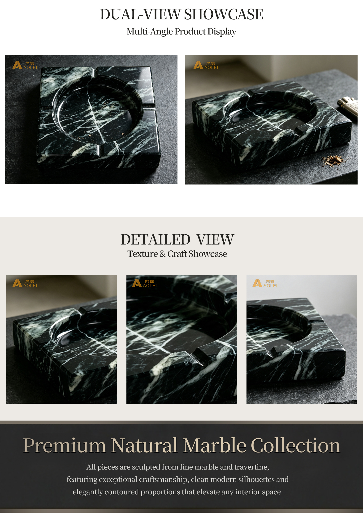 Black Marble Modern Rectangular Design Cigar Tray Close-Up, Natural Stone Texture, Premium Craftsmanship & Polished/Honed Finish, Customized marble size