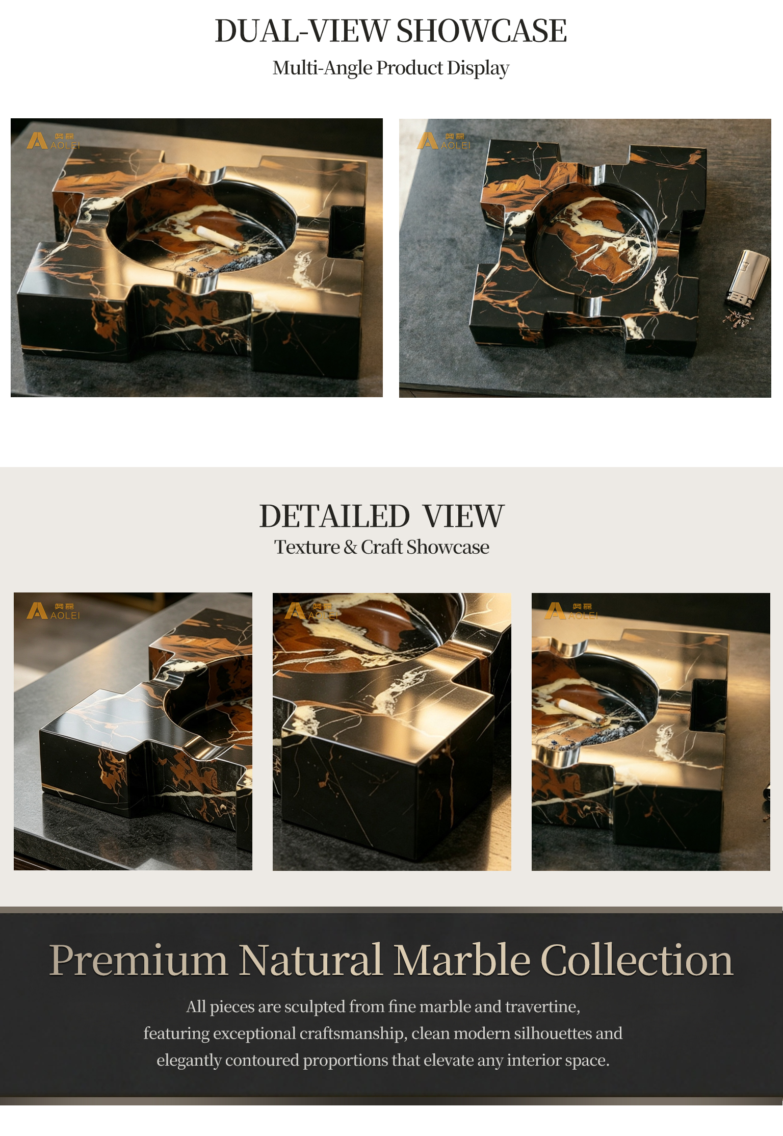 Brown Marble Luxury Rectangular Design Cigar Tray Close-Up, Natural Stone Texture, Premium Craftsmanship & Polished/Honed Finish, Customized marble size