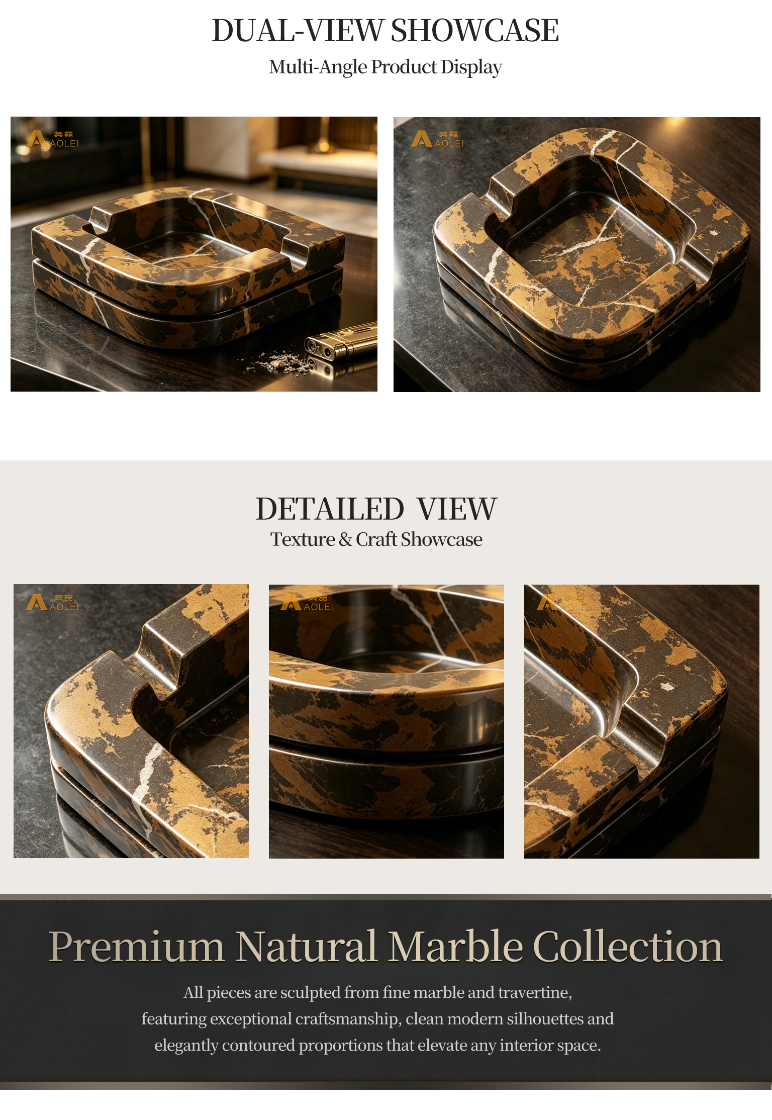 Travertine Marble Luxury Square Design Cigar Tray Close-Up, Natural Stone Texture, Premium Craftsmanship & Polished/Honed Finish, Customized marble size