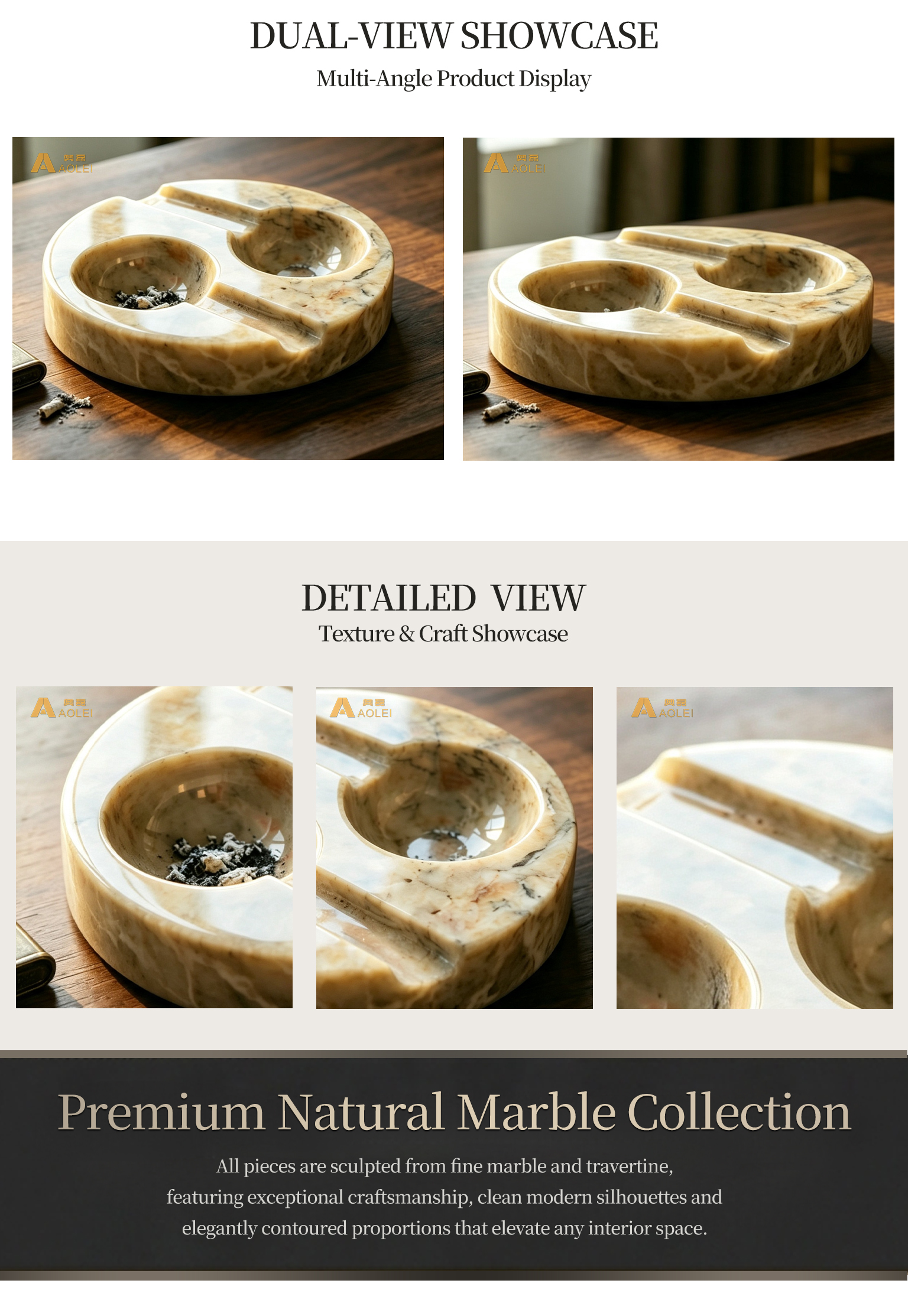 Natural Travertine Marble Luxury Round Design Cigar Tray Close-Up, Natural Stone Texture, Premium Craftsmanship & Polished/Honed Finish, Customized marble size