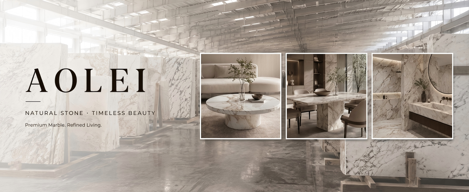 AOLEI natural stone factory warehouse and high-end marble furniture and bathroom application display banner