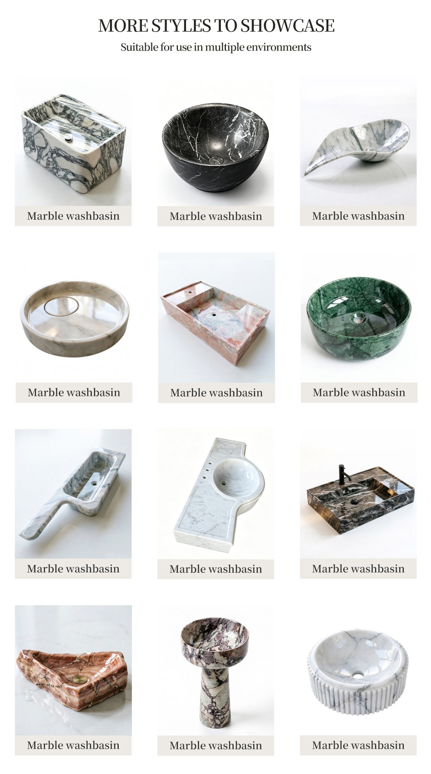 Various types of washbasins, available for marble customization.